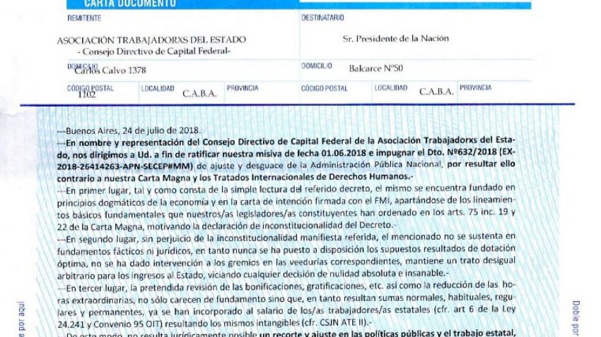 Carta-documento a Mauricio Macri para impugnar el Decreto Nº 632/2018
